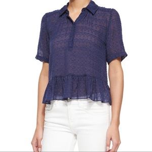 Rebecca Taylor Shirt Top Blouse Silk Peplum Sheer Collared Dark Blue Size 4